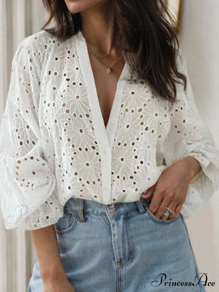 Seductive Flared Extended Sleeve Tunic V-neck Blouse WHITE / S blouse-250126