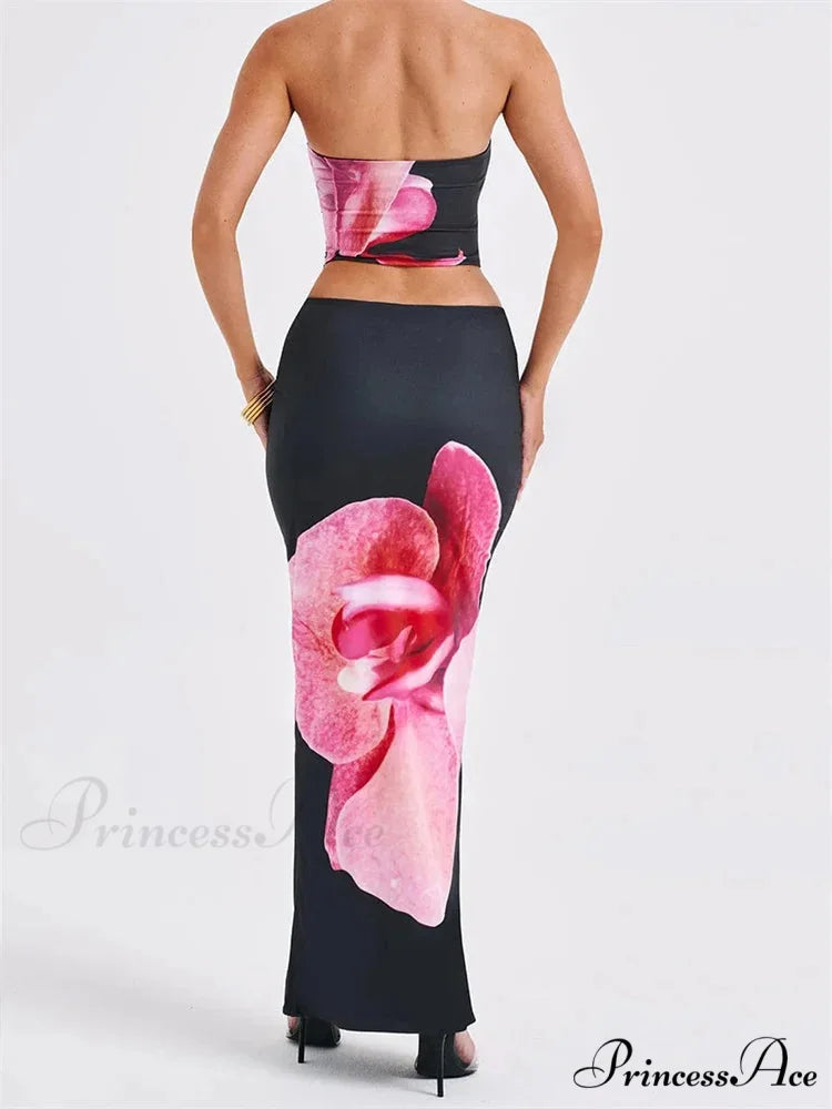 Seductive Flower Pattern Tube Top Flexible Waist Bodycon Skirt Set skirt-250126