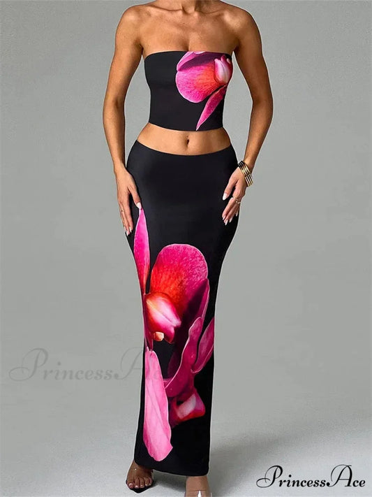 Seductive Flower Pattern Tube Top Flexible Waist Bodycon Skirt Set BLACK / S skirt-250126
