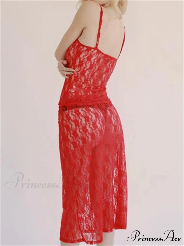 Seductive Flowered Lace Strap Tank Camis Crop Top with Sheer Long Skirt Set Red / S twopiecesset-250126
