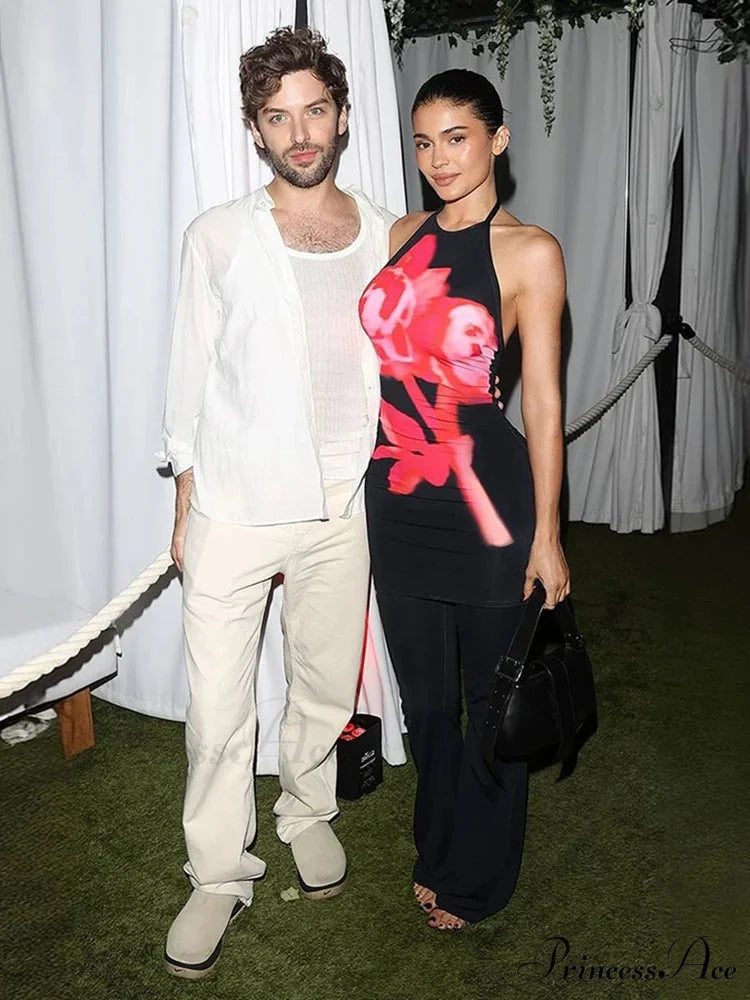 Seductive Halter Open-Back Blossom Pattern Body-Hugging Floral Dress floraldress-250126