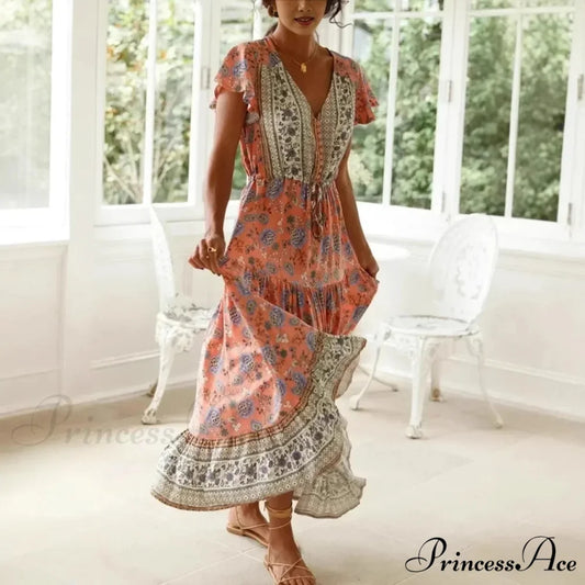 Seductive High Division Flare Sleeve Rayon Cotton Boho Dress red / S bohodress-250126