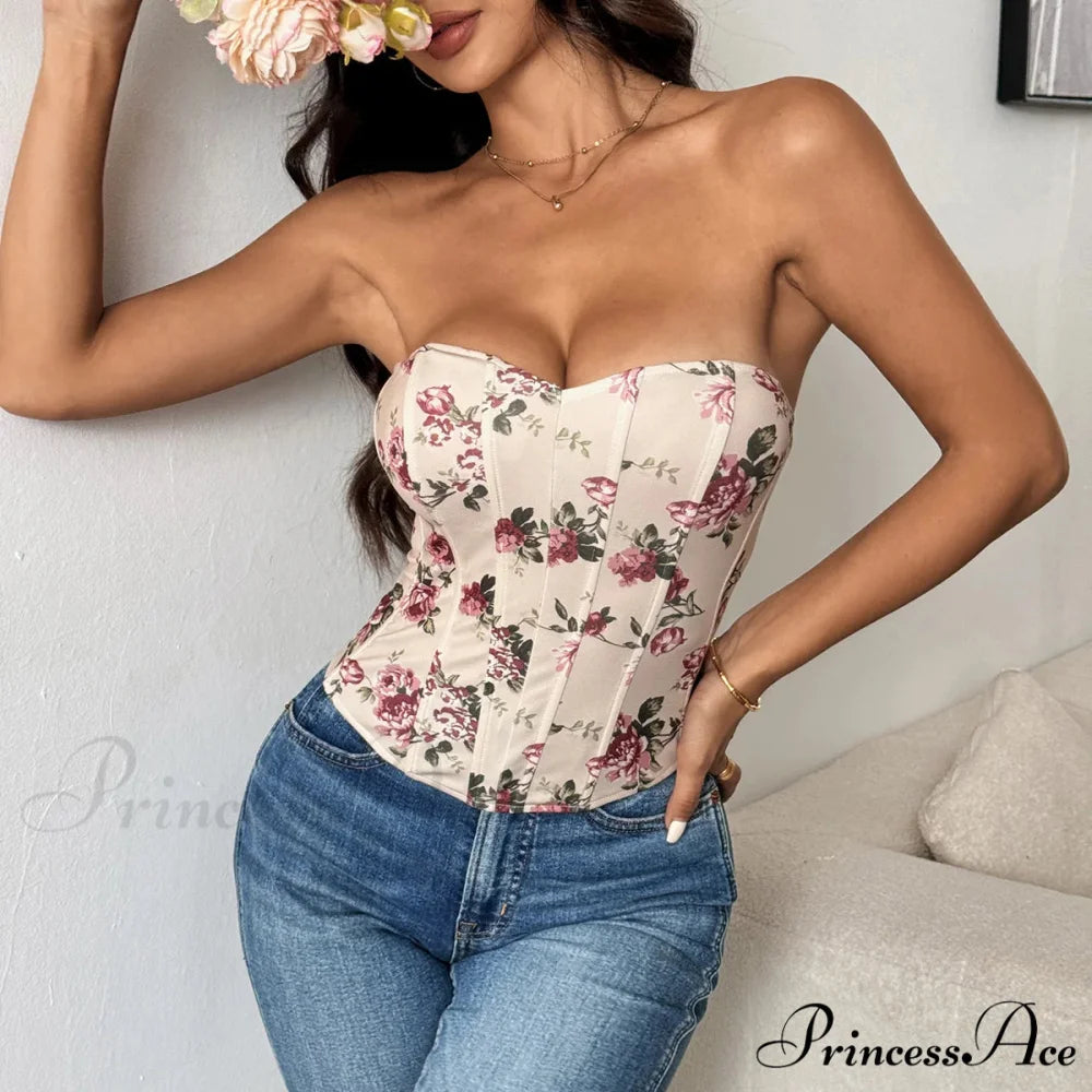 Seductive Lace Blossom Design Corset Deep V-Neck Tank Top croptop-250126