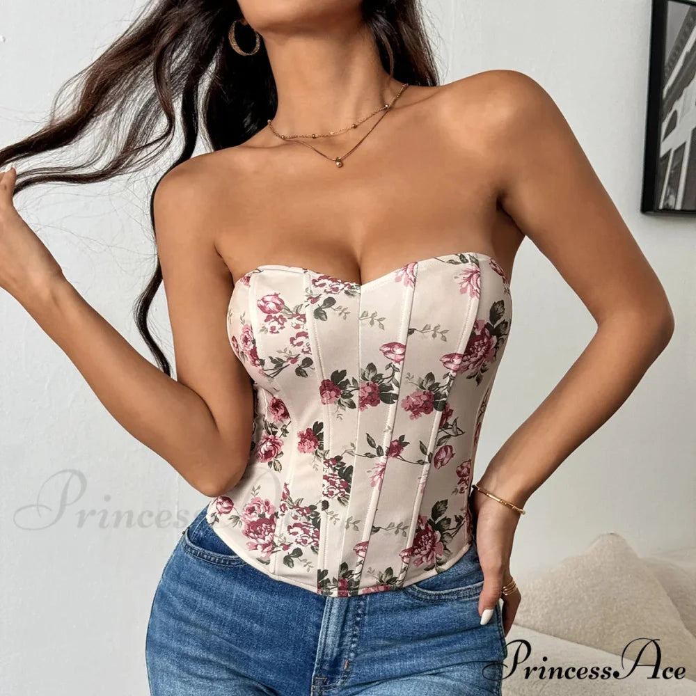 Seductive Lace Blossom Design Corset Deep V-Neck Tank Top Khaki / XS croptop-250126