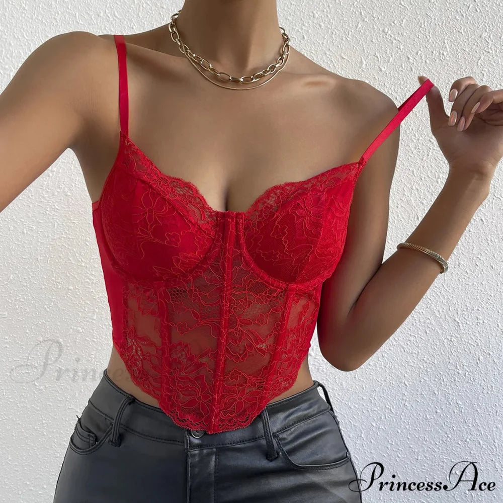 Seductive Lace Fishbone Open-Back Transparent Corset Crop Top Red / XS croptop-250126