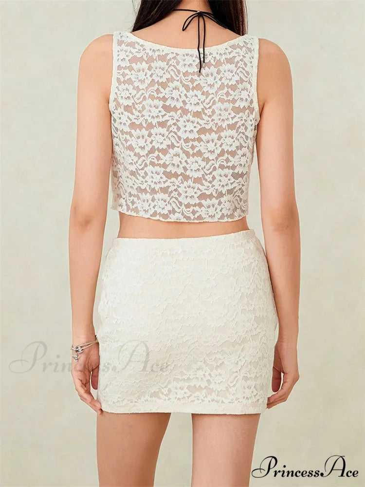 Seductive Lace Sleeveless Tank Crop Top with Brief Mini Skirt Set twopiecesset-250126