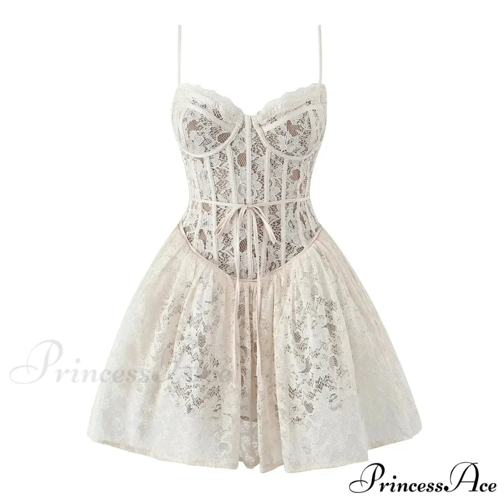 Seductive Lace Sling Lower Waist Floral Dress white / M