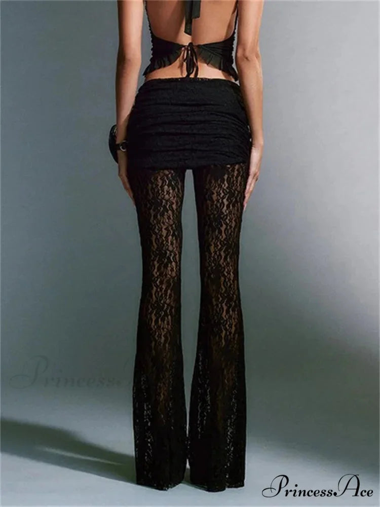 Seductive Mesh Transparent High Waist Floral Flared Pant pant-250223