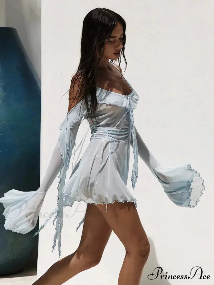 Seductive Net Black Extended Sleeve Holiday Dress vacationdress-250223