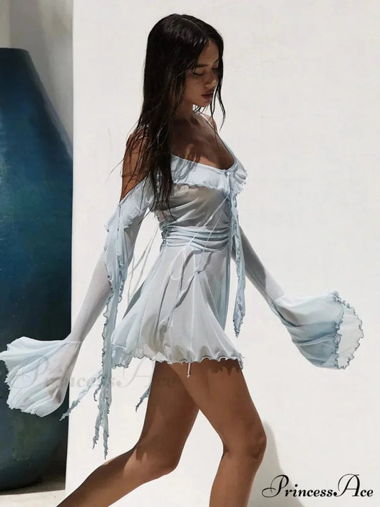 Seductive Net Black Extended Sleeve Holiday Dress vacationdress-250223