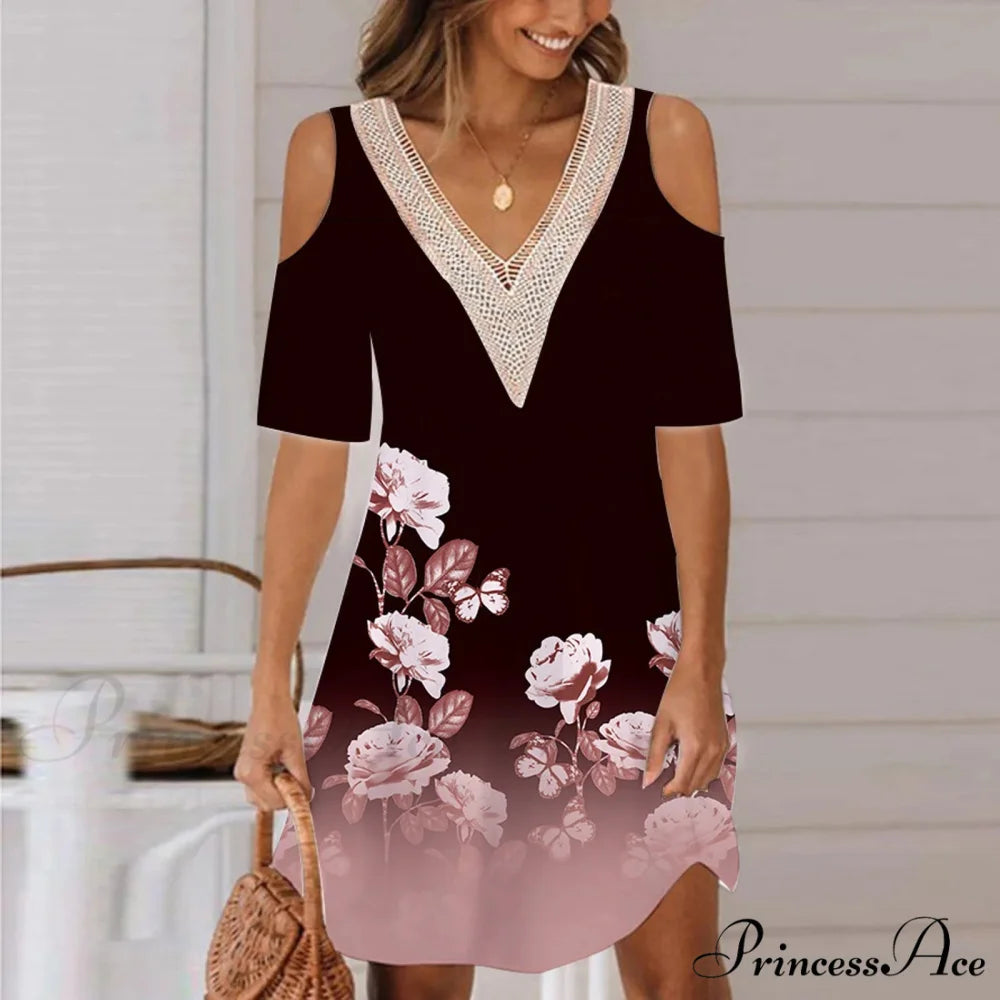 Seductive Off Shoulder Lace Splicing Celebration Floral A-line Dress Burgundy / S oldfloraldress-250126