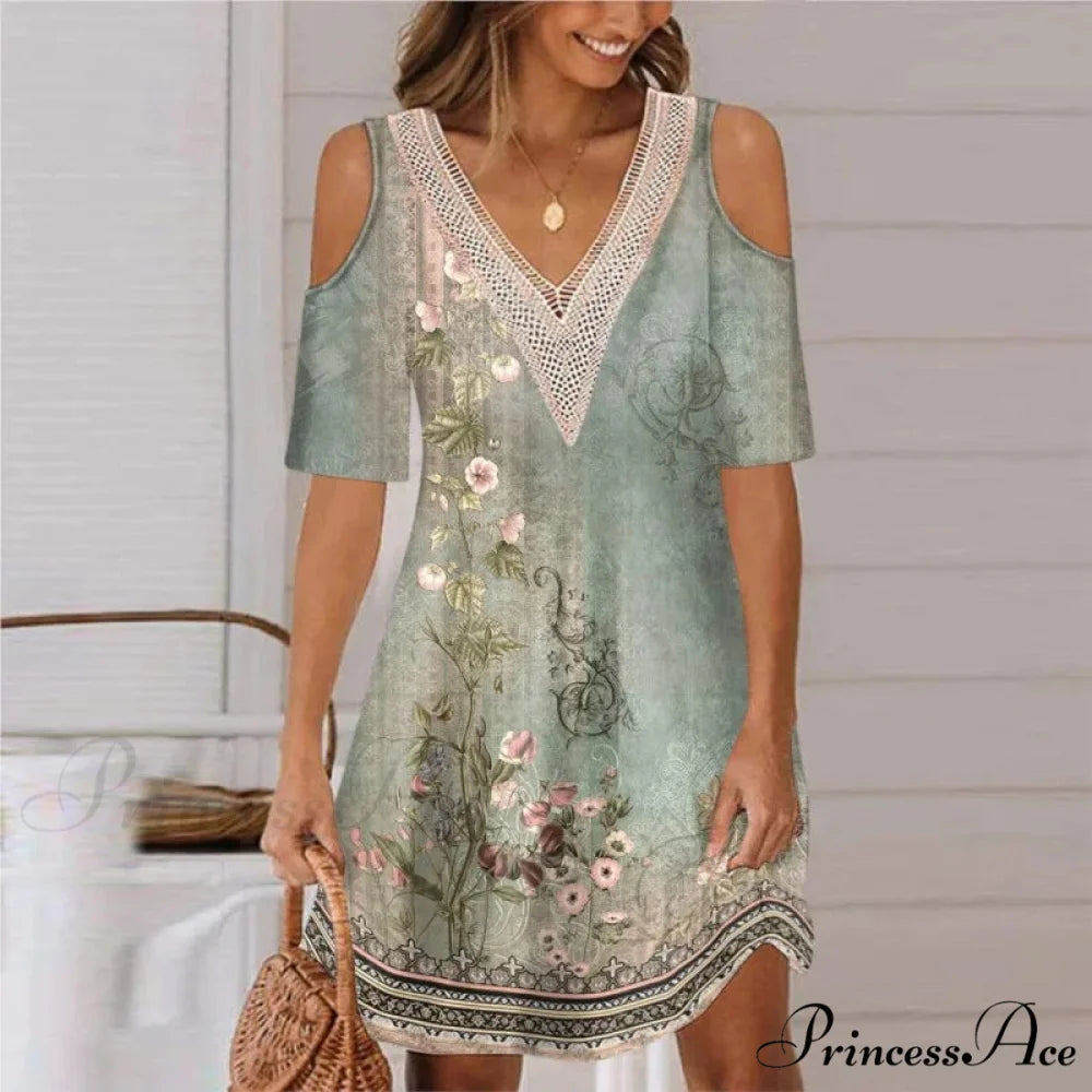 Seductive Off Shoulder Lace Splicing Celebration Floral A-line Dress Green / S oldfloraldress-250126