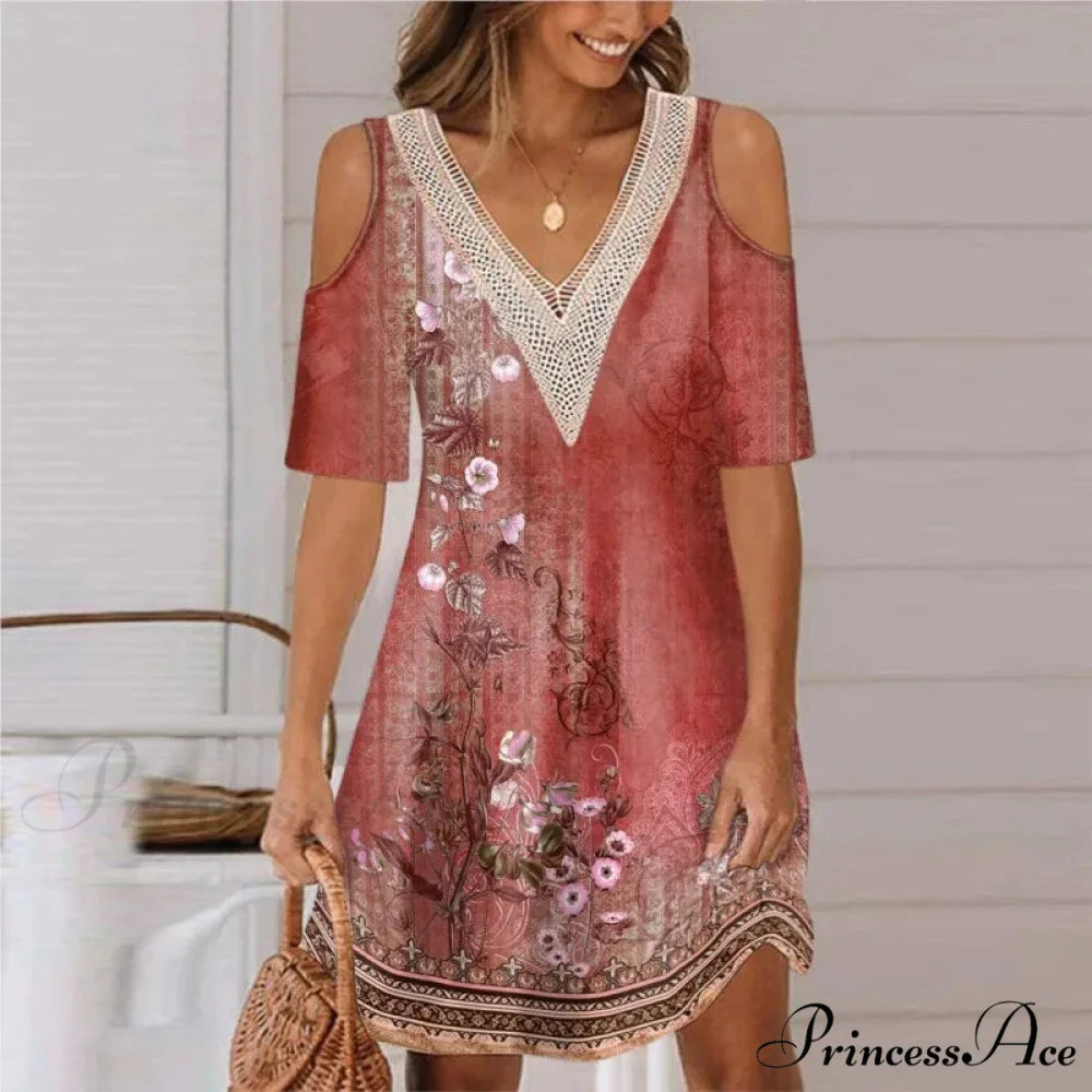 Seductive Off Shoulder Lace Splicing Celebration Floral A-line Dress Red / S oldfloraldress-250126