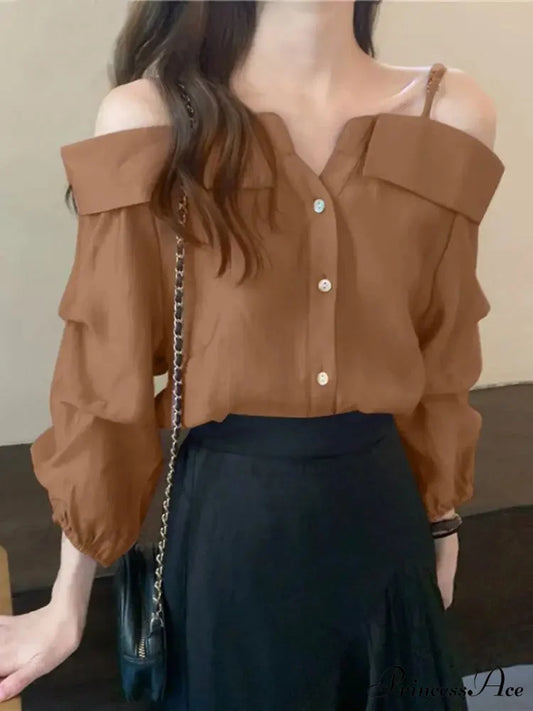 Seductive Off Shoulder Ruffled Monochrome Top Khaki / S blouse-250126