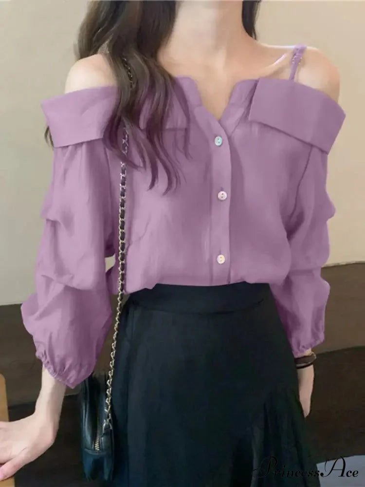 Seductive Off Shoulder Ruffled Monochrome Top PURPLE / S blouse-250126
