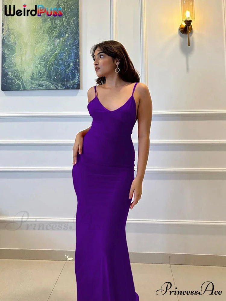 Seductive Open-Back Plunging Folds Mermaid Maxi Dress PURPLE / S