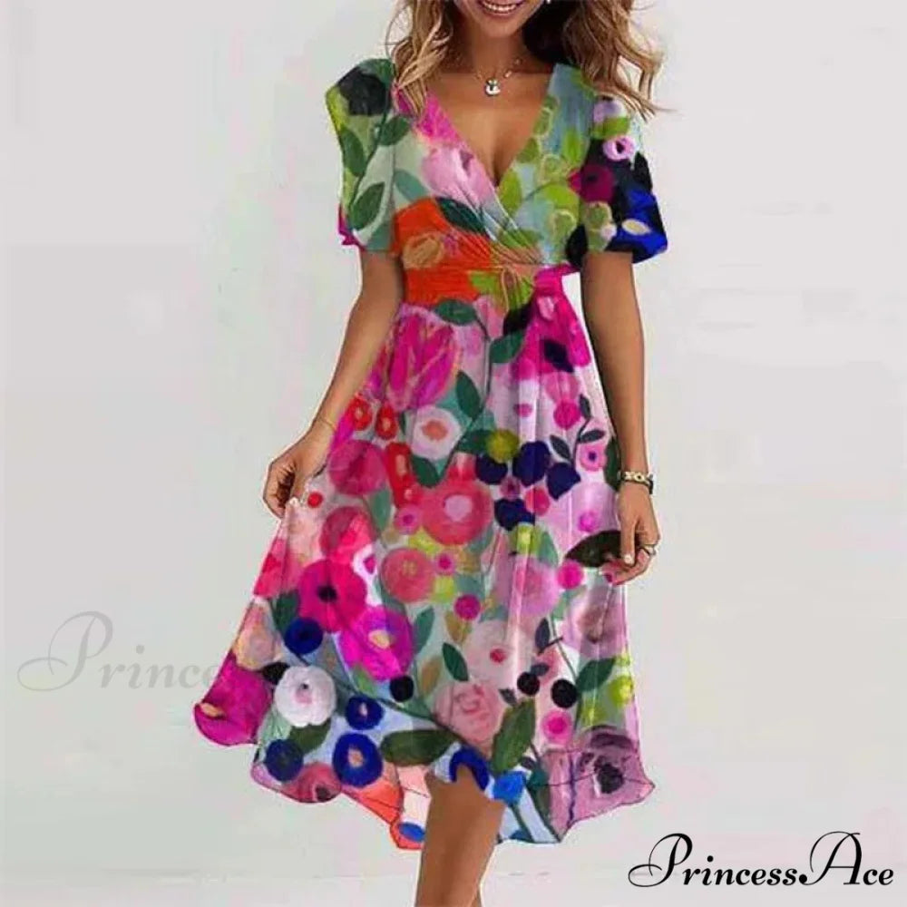 Seductive Plunging Neckline Flower Swing Dress Color 3 / S oldfloraldress-250126