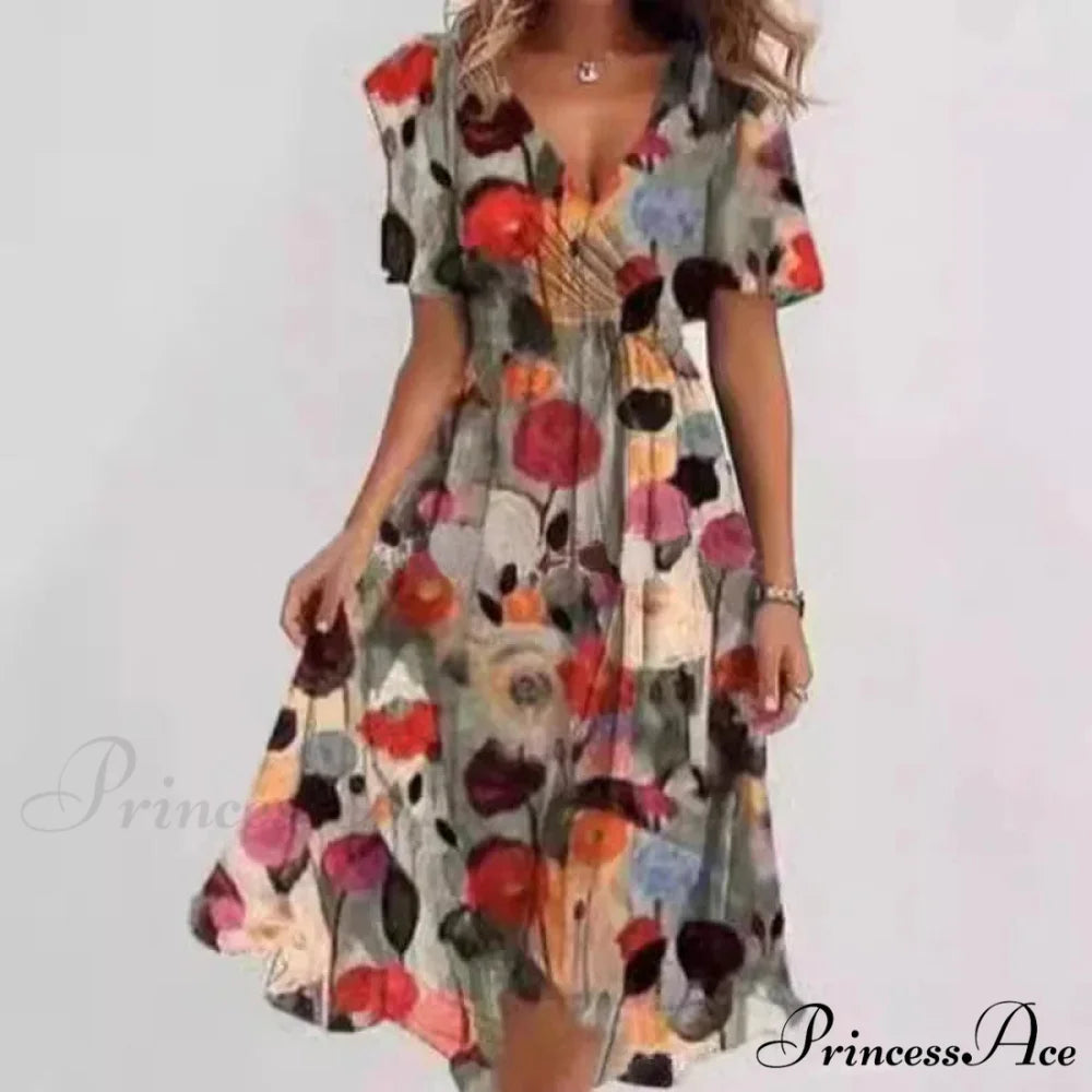 Seductive Plunging Neckline Flower Swing Dress Color 4 / S oldfloraldress-250126