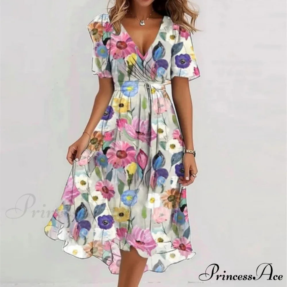 Seductive Plunging Neckline Flower Swing Dress oldfloraldress-250126