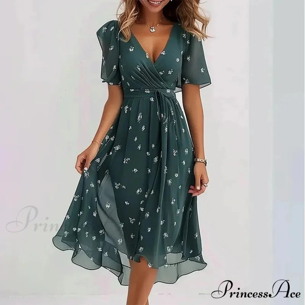 Seductive Plunging Neckline Flower Swing Dress oldfloraldress-250126