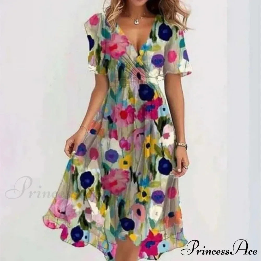 Seductive Plunging Neckline Flower Swing Dress oldfloraldress-250126