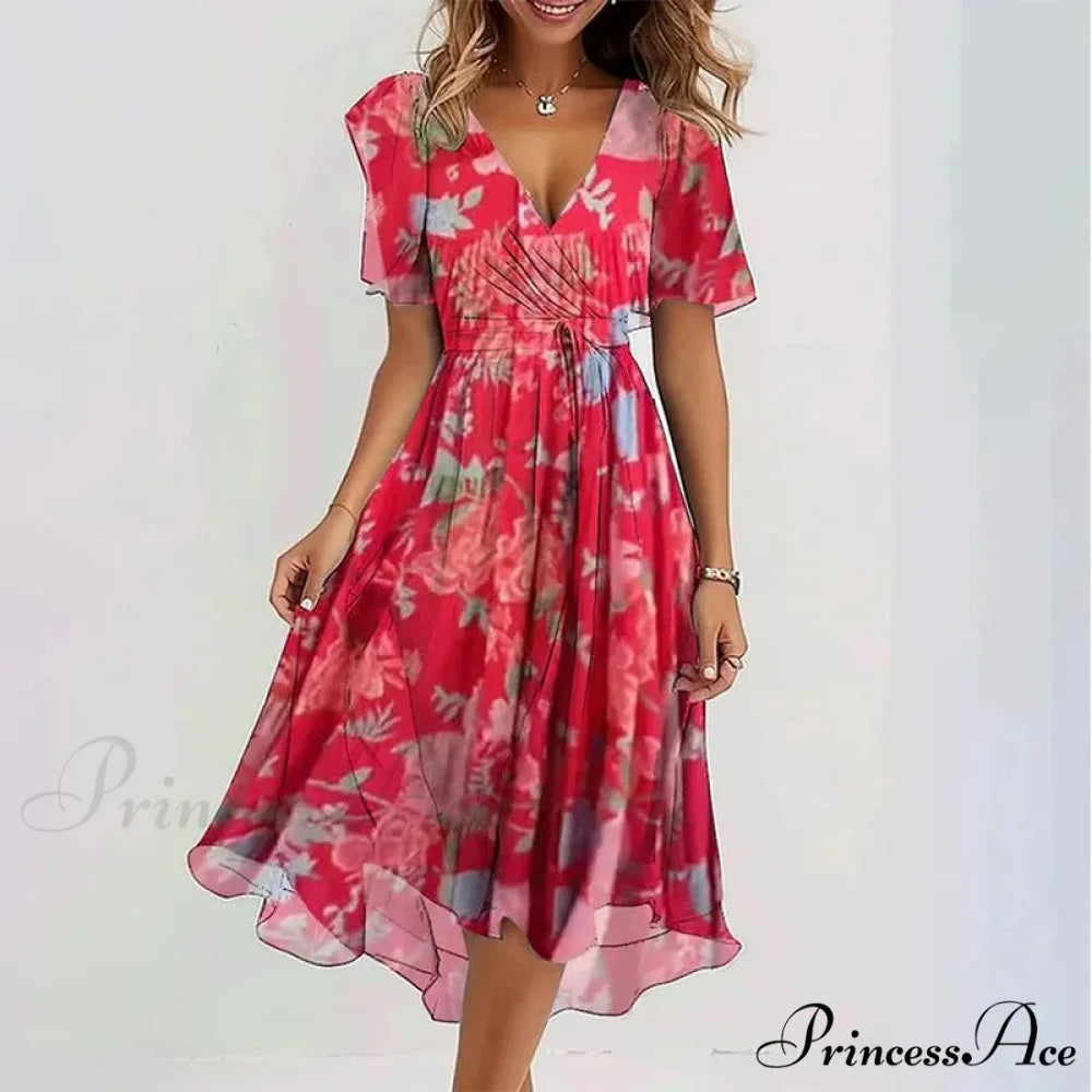 Seductive Plunging Neckline Flower Swing Dress Red / S oldfloraldress-250126