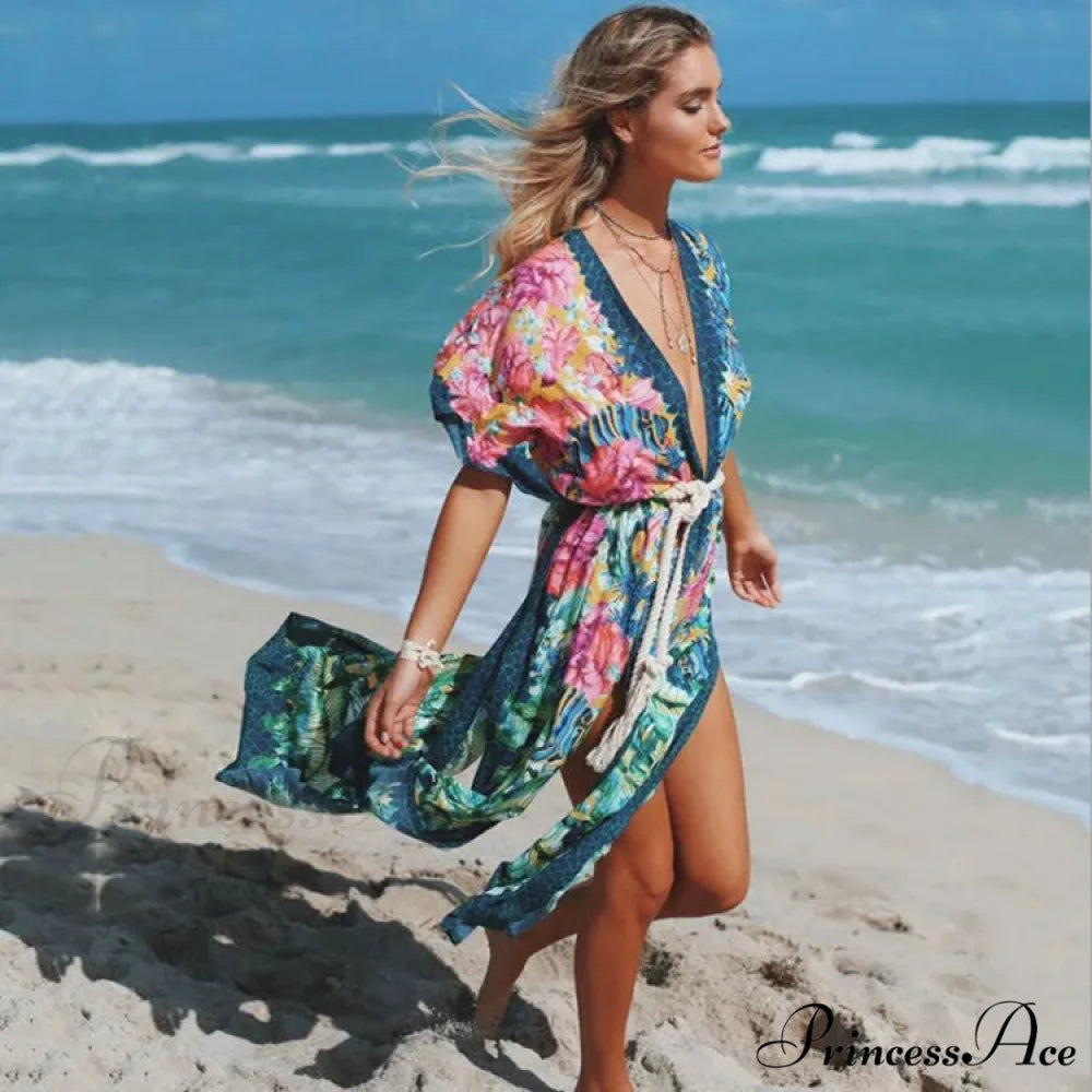 Seductive Side Split Beach Kaftan Tunic Boho Floral Print Summer Dress foral pirnt / One Size bohodress-250126