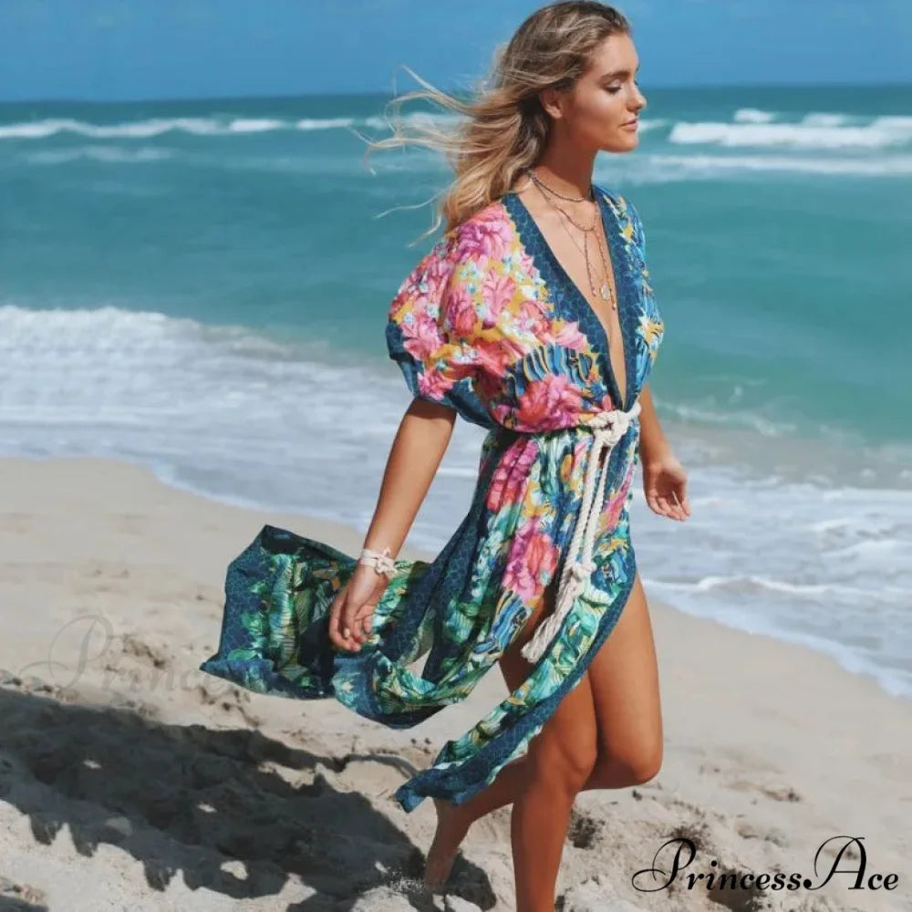 Seductive Side Split Beach Kaftan Tunic Boho Floral Print Summer Dress foral pirnt / One Size bohodress-250126