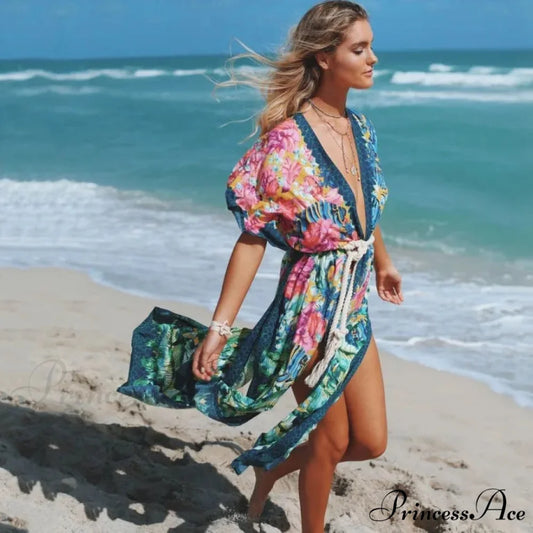 Seductive Side Split Beach Kaftan Tunic Boho Floral Print Summer Dress foral pirnt / One Size bohodress-250126