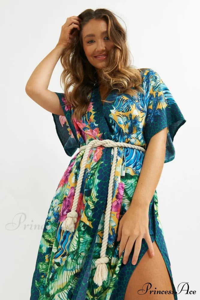 Seductive Side Split Beach Kaftan Tunic Boho Floral Print Summer Dress foral pirnt / One Size bohodress-250126