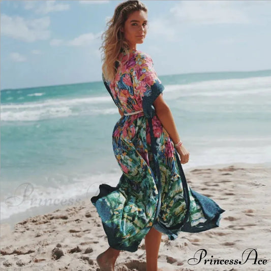Seductive Side Split Beach Kaftan Tunic Boho Floral Print Summer Dress foral pirnt / One Size bohodress-250126