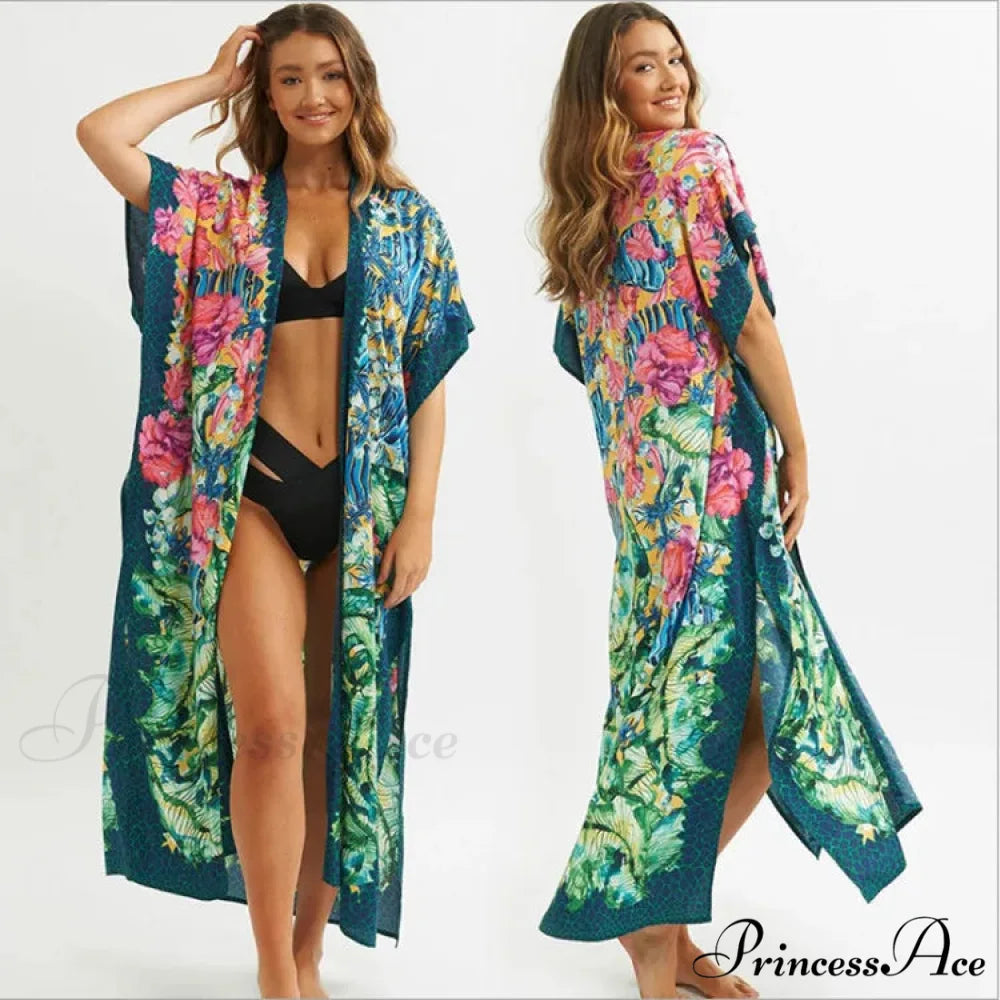 Seductive Side Split Beach Kaftan Tunic Boho Floral Print Summer Dress foral pirnt / One Size bohodress-250126