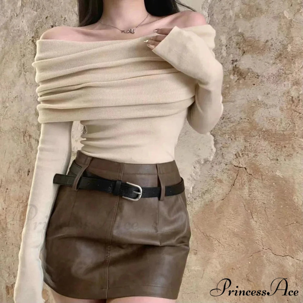 Seductive Slash Neck Ruffled Knitted Sweater APRICOT / S swraters-241228