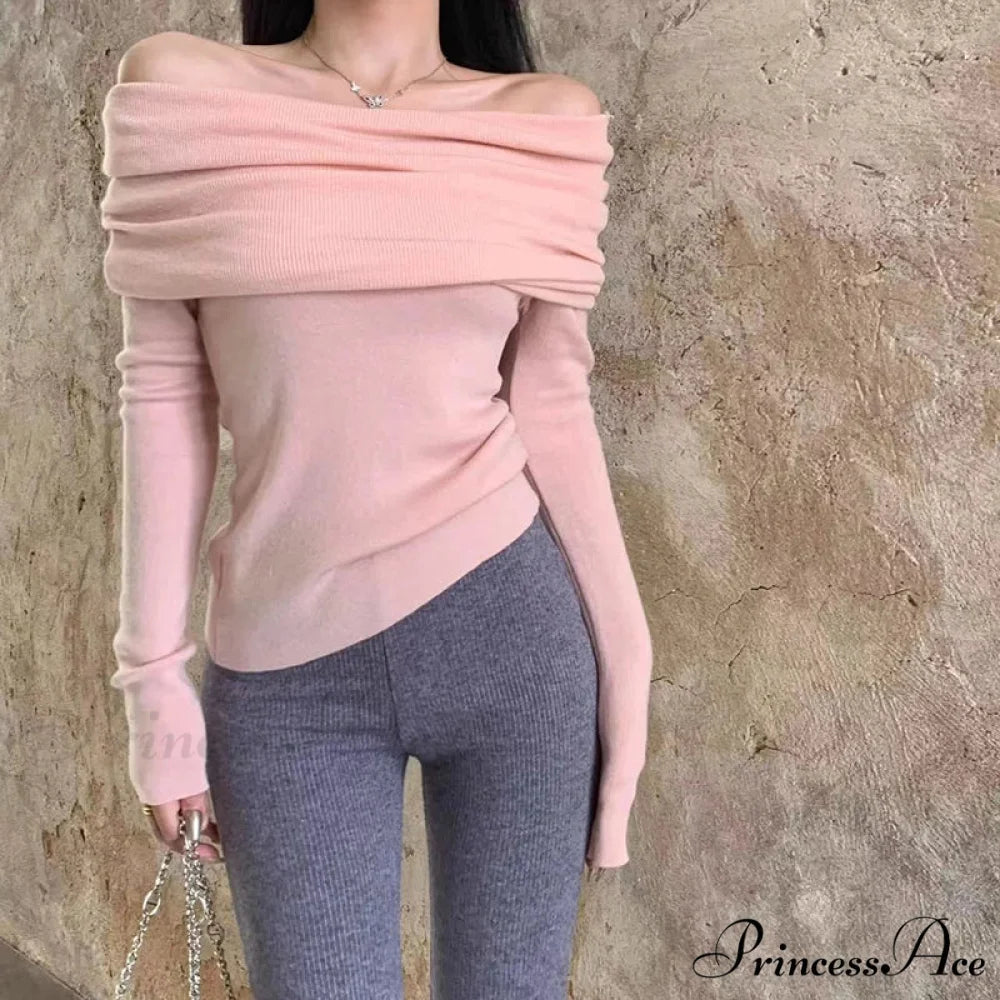 Seductive Slash Neck Ruffled Knitted Sweater Pink / S swraters-241228