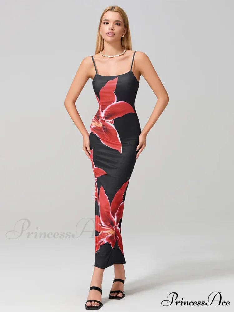 Seductive Spaghetti Straps Bodycon O-neck Wrap Cami Floral Dress BLACK / S floraldress-250126