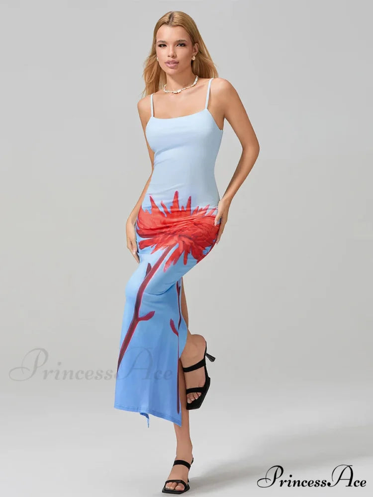 Seductive Spaghetti Straps Bodycon O-neck Wrap Cami Floral Dress BLUE / S floraldress-250126