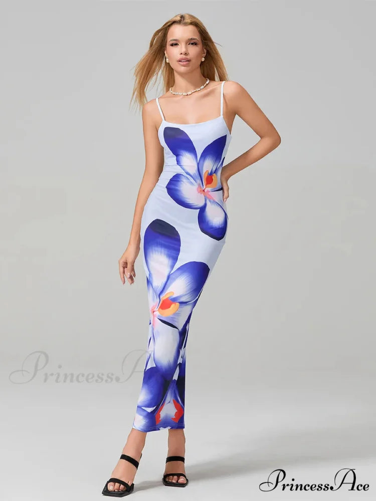 Seductive Spaghetti Straps Bodycon O-neck Wrap Cami Floral Dress NAVY BLUE / S floraldress-250126