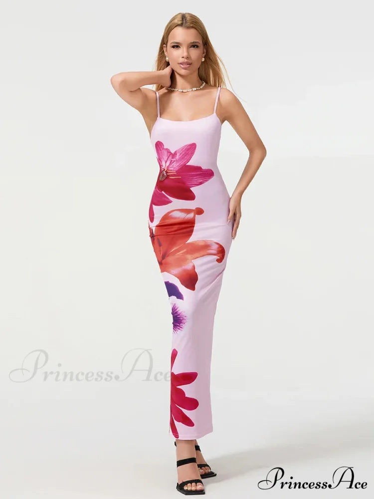 Seductive Spaghetti Straps Bodycon O-neck Wrap Cami Floral Dress PINK / S floraldress-250126