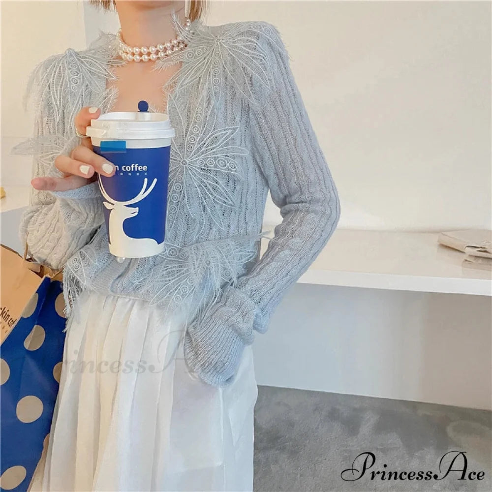 Seductive Stitched Blossom Knitted Top Celebration Blouse Blue / One Size blouse-250126