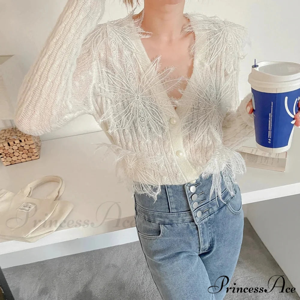 Seductive Stitched Blossom Knitted Top Celebration Blouse creamy-white / One Size blouse-250126