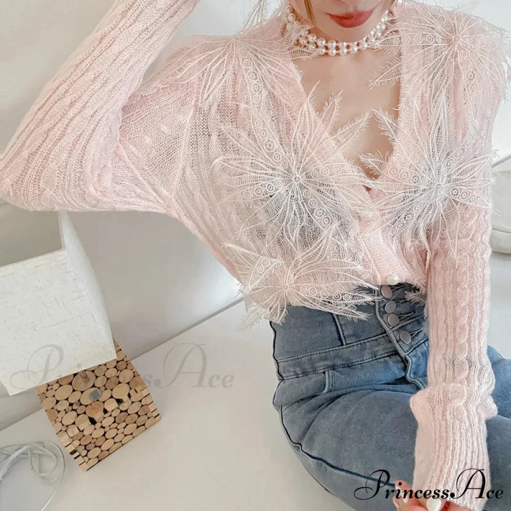 Seductive Stitched Blossom Knitted Top Celebration Blouse Pink / One Size blouse-250126