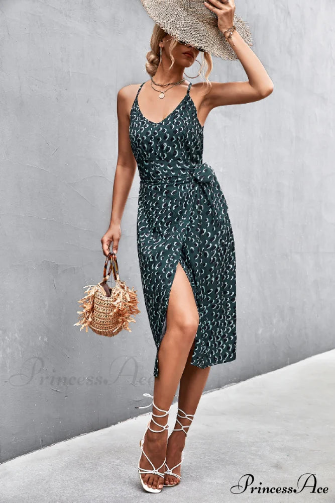 Seductive Suspender V-Neck Dress with Strap Slit