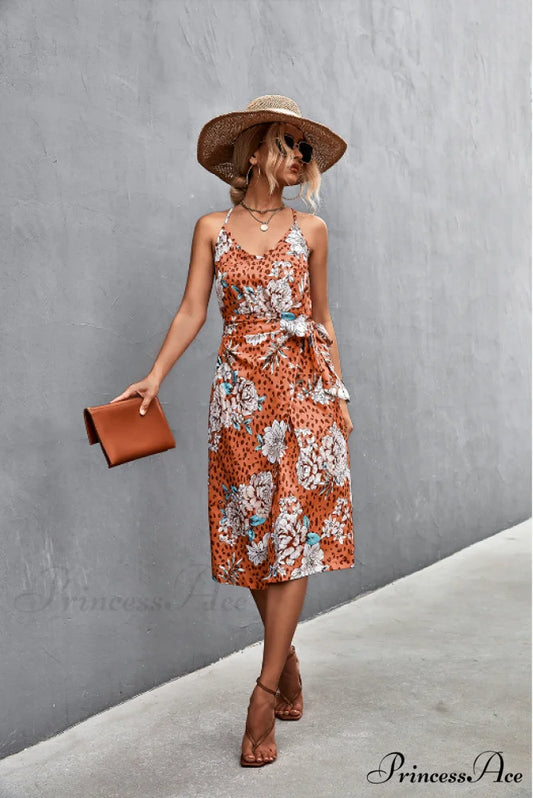 Seductive Suspender V-Neck Dress with Strap Slit S / orange