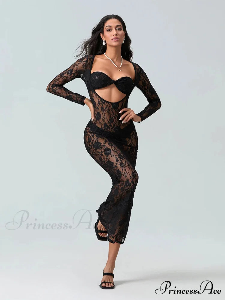 Seductive Transparent Lace Sheer Long Sleeve Beach Floral Dress floraldress-250126