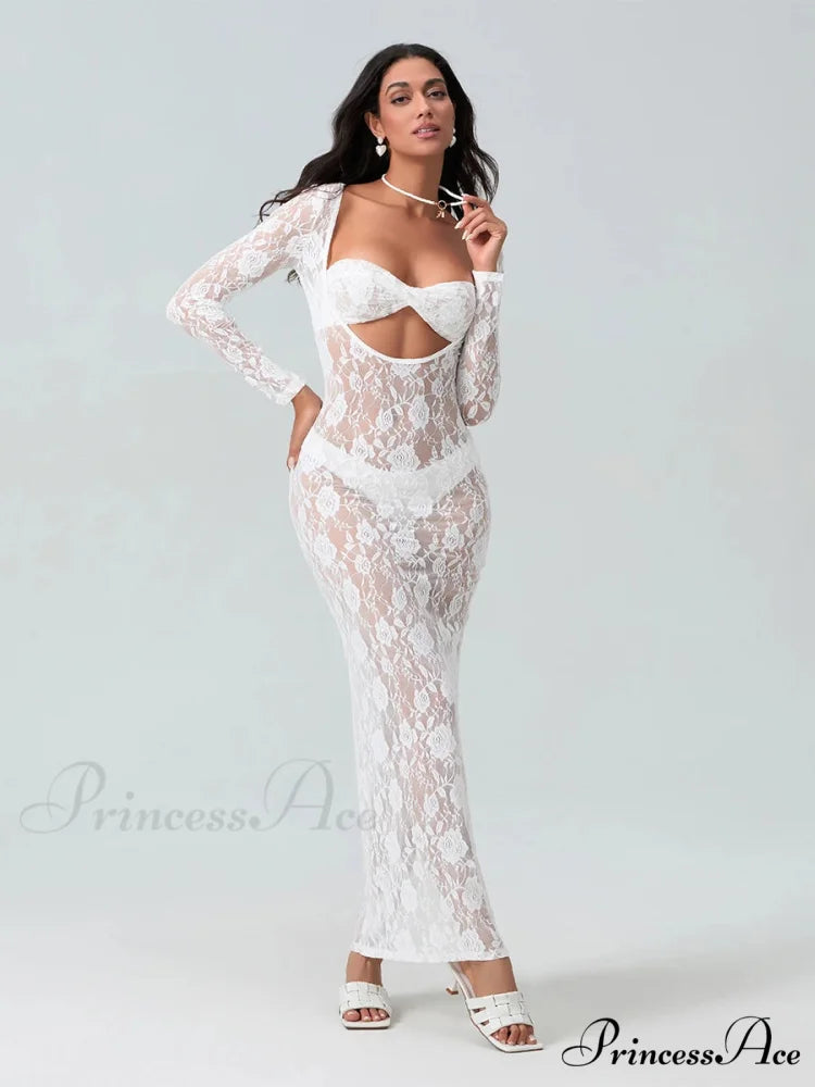 Seductive Transparent Lace Sheer Long Sleeve Beach Floral Dress floraldress-250126