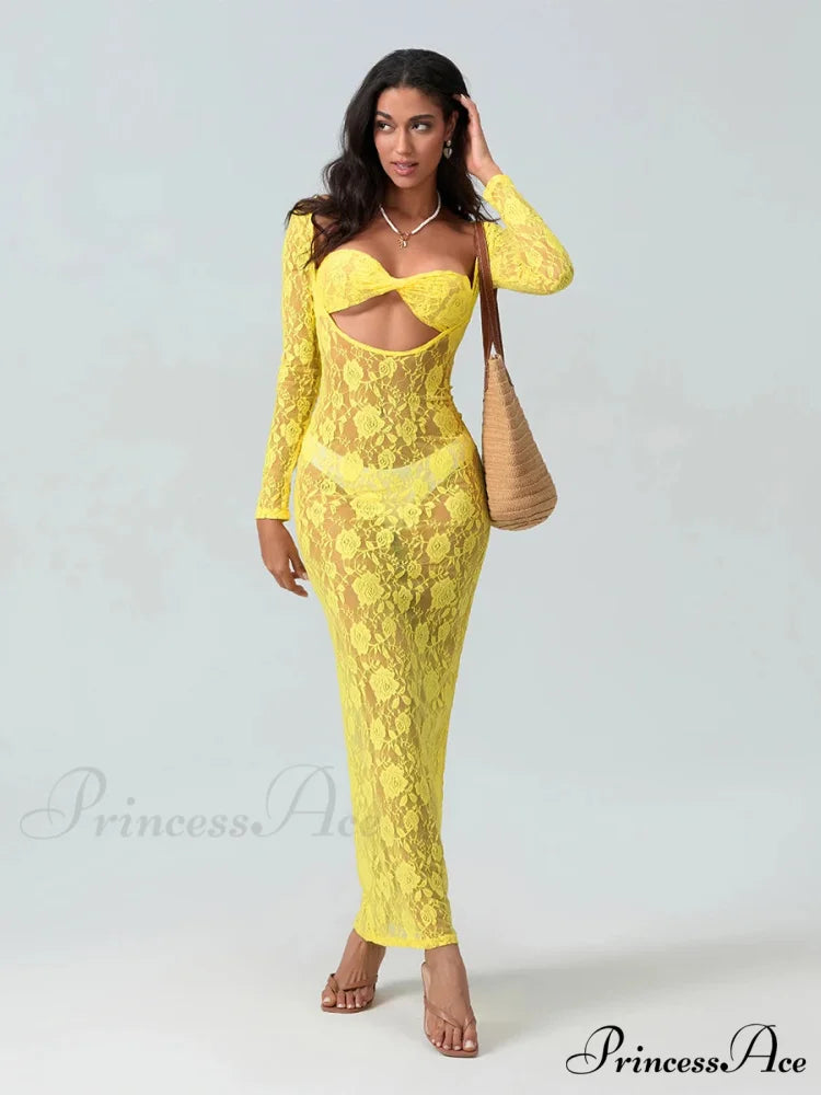 Seductive Transparent Lace Sheer Long Sleeve Beach Floral Dress floraldress-250126
