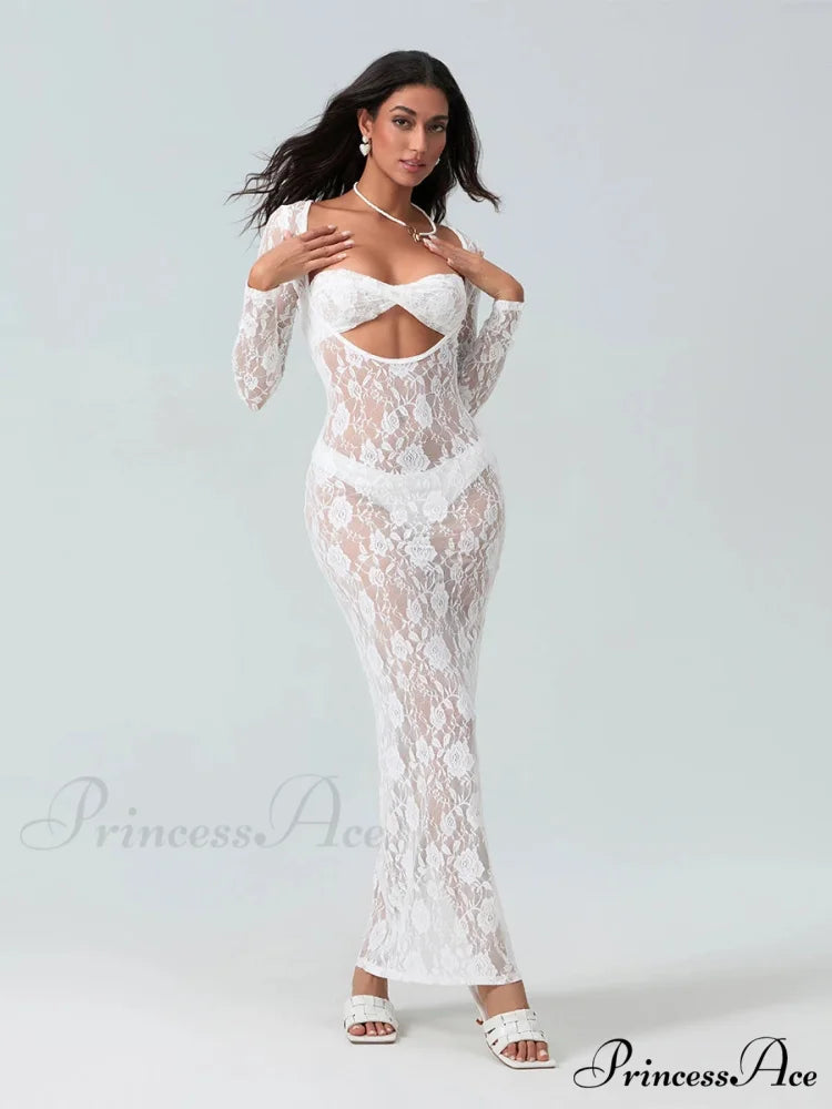 Seductive Transparent Lace Sheer Long Sleeve Beach Floral Dress WHITE / S floraldress-250126