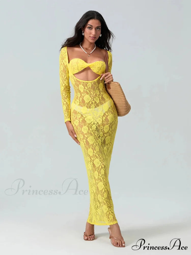 Seductive Transparent Lace Sheer Long Sleeve Beach Floral Dress Yellow / S floraldress-250126
