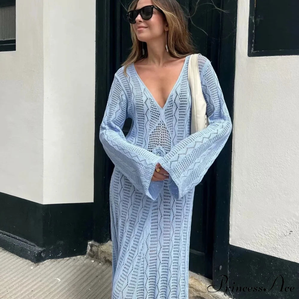 Seductive V Neck Knitted Boho Dress bohodress-250126