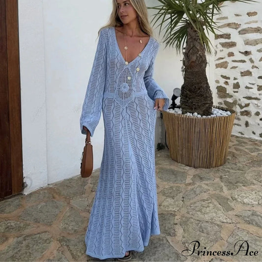 Seductive V Neck Knitted Boho Dress SKY BLUE / S bohodress-250126